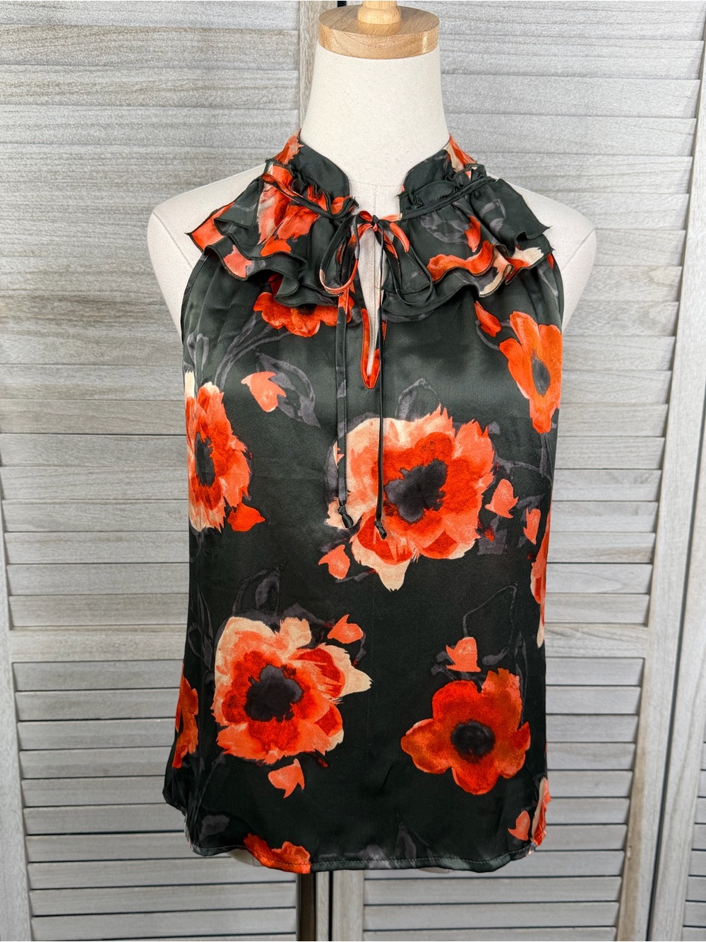 KENAR Women's Sleeveless Silk Blouse High Ruffle Neck Black/Red Floral-Small